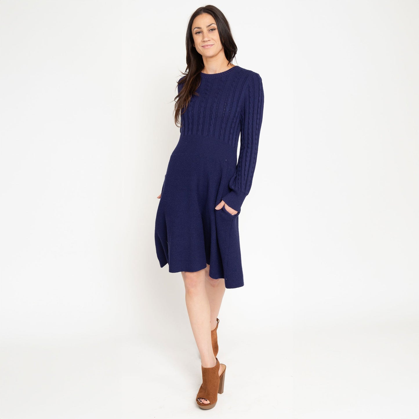 Sheena Crew Neck Cable Knit Long Sleeve Sweater Dress
