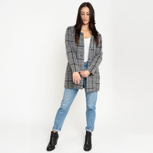 Lyra Fully Lined Long Sleeve Plaid Long Length Boucle Blazer