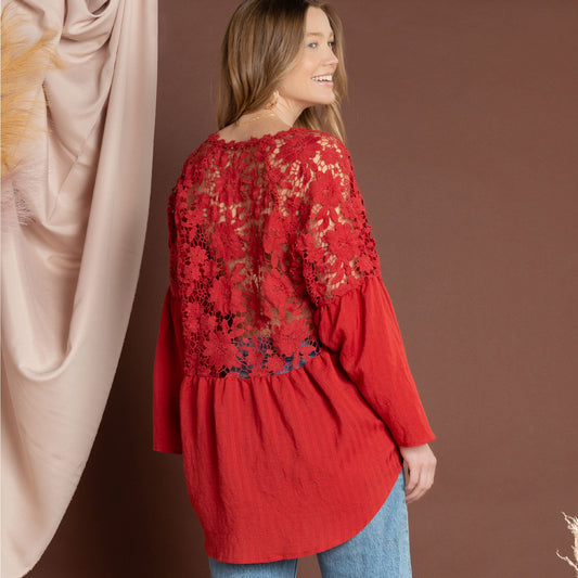 Mckenna Lace Back Long Sleeve V-Neck Blouse