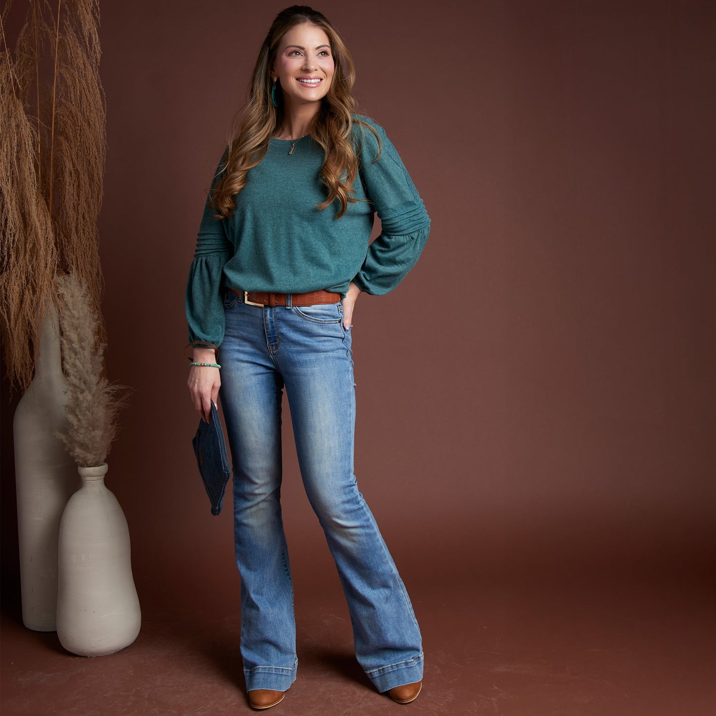 Carson Pleated Bishop Long Sleeve Crew Neck Sweater