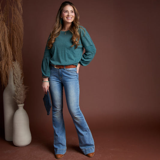 Carson Pleated Bishop Long Sleeve Crew Neck Sweater