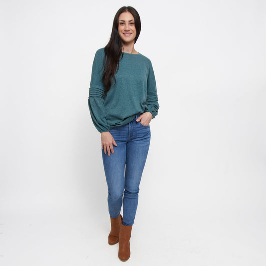 Carson Pleated Bishop Long Sleeve Crew Neck Sweater