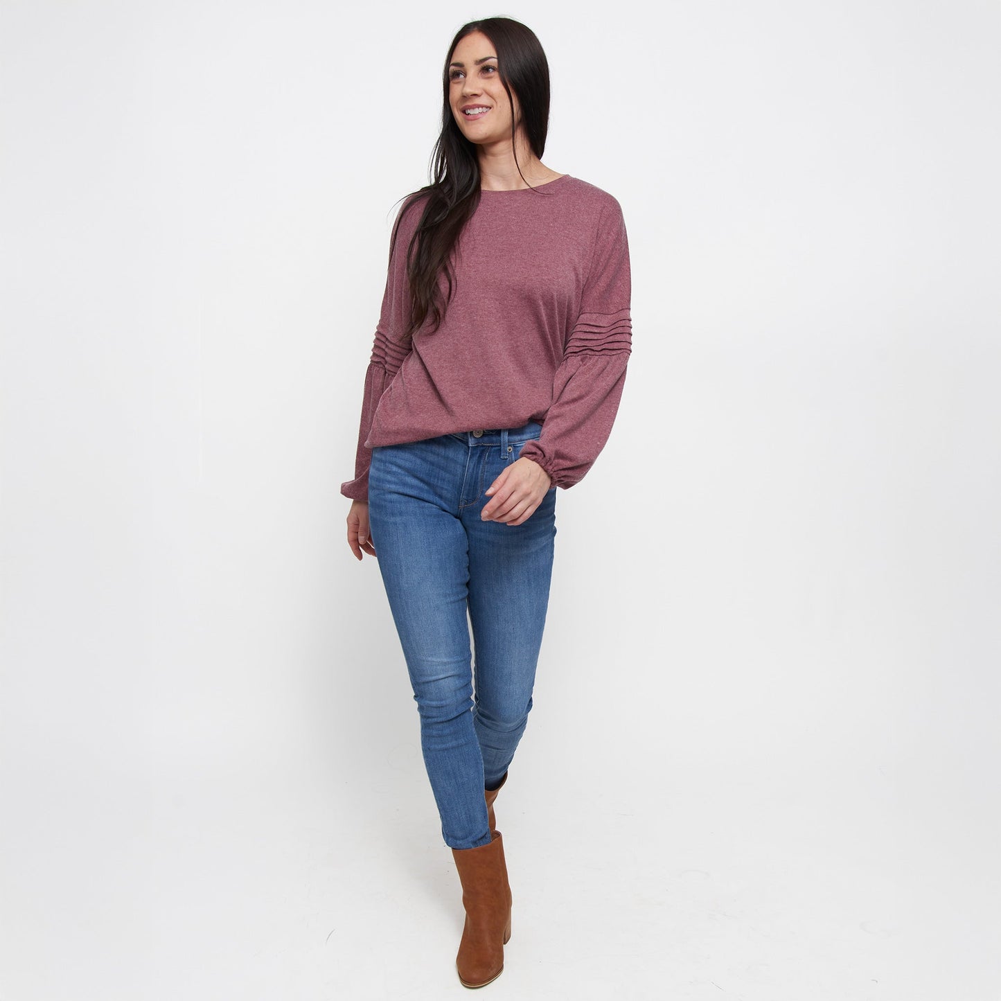 Carson Pleated Bishop Long Sleeve Crew Neck Sweater