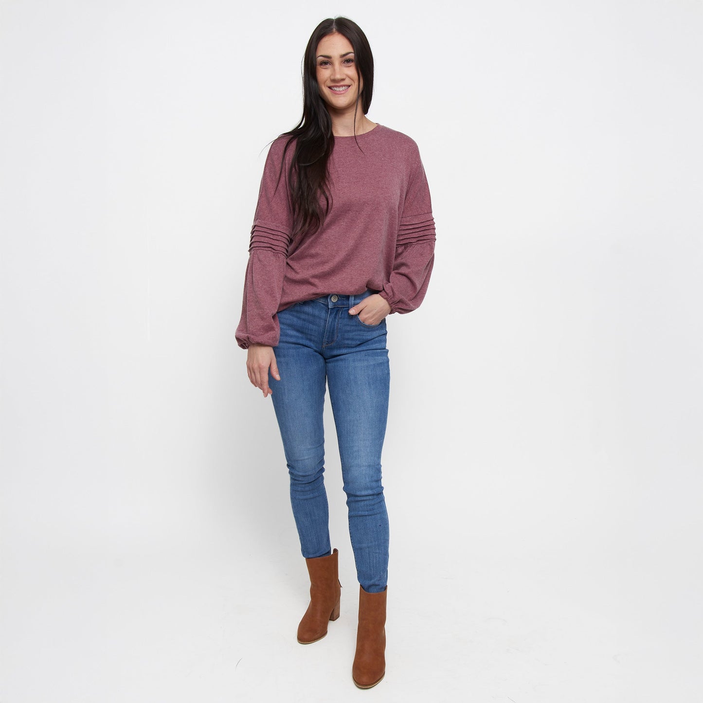 Carson Pleated Bishop Long Sleeve Crew Neck Sweater