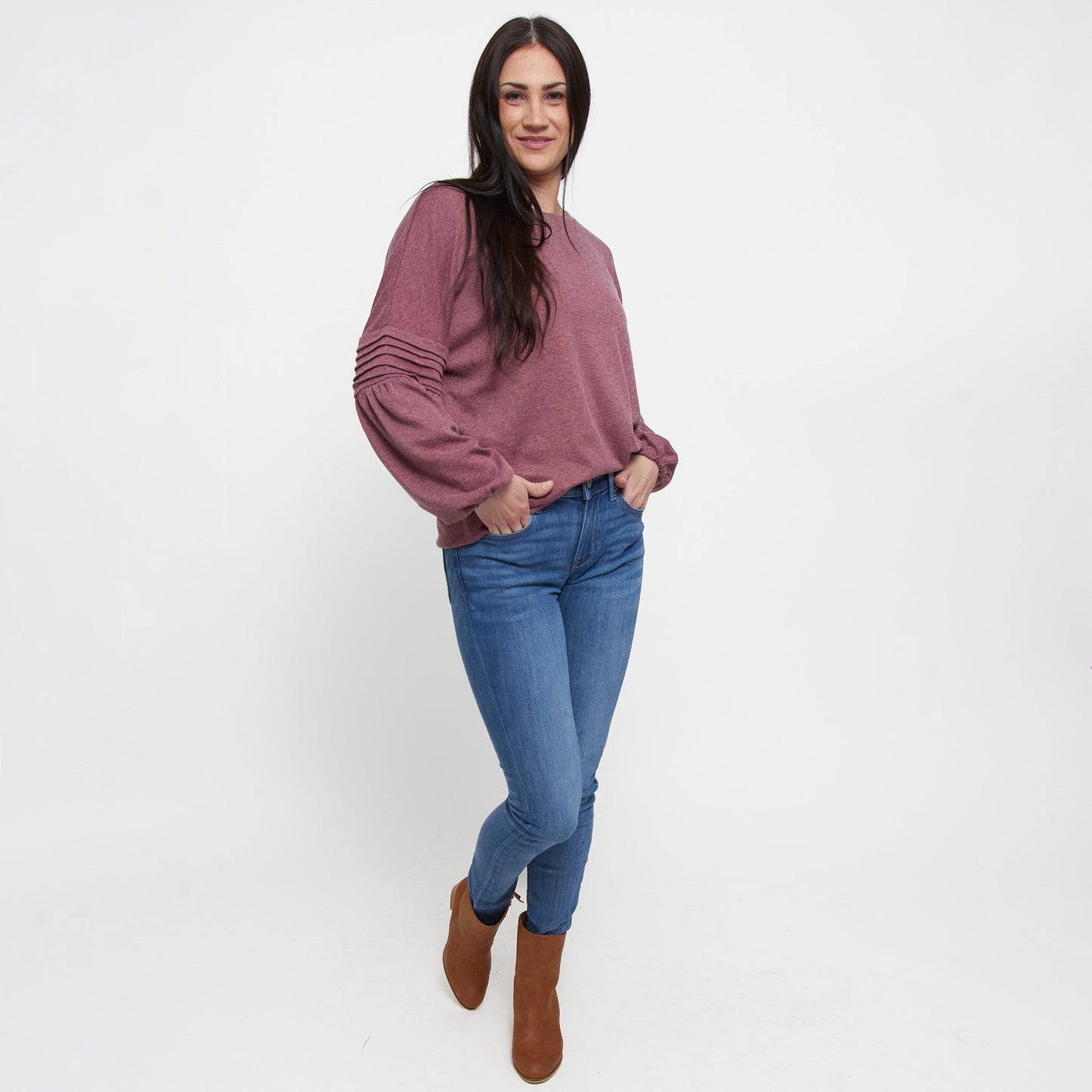 Carson Pleated Bishop Long Sleeve Crew Neck Sweater