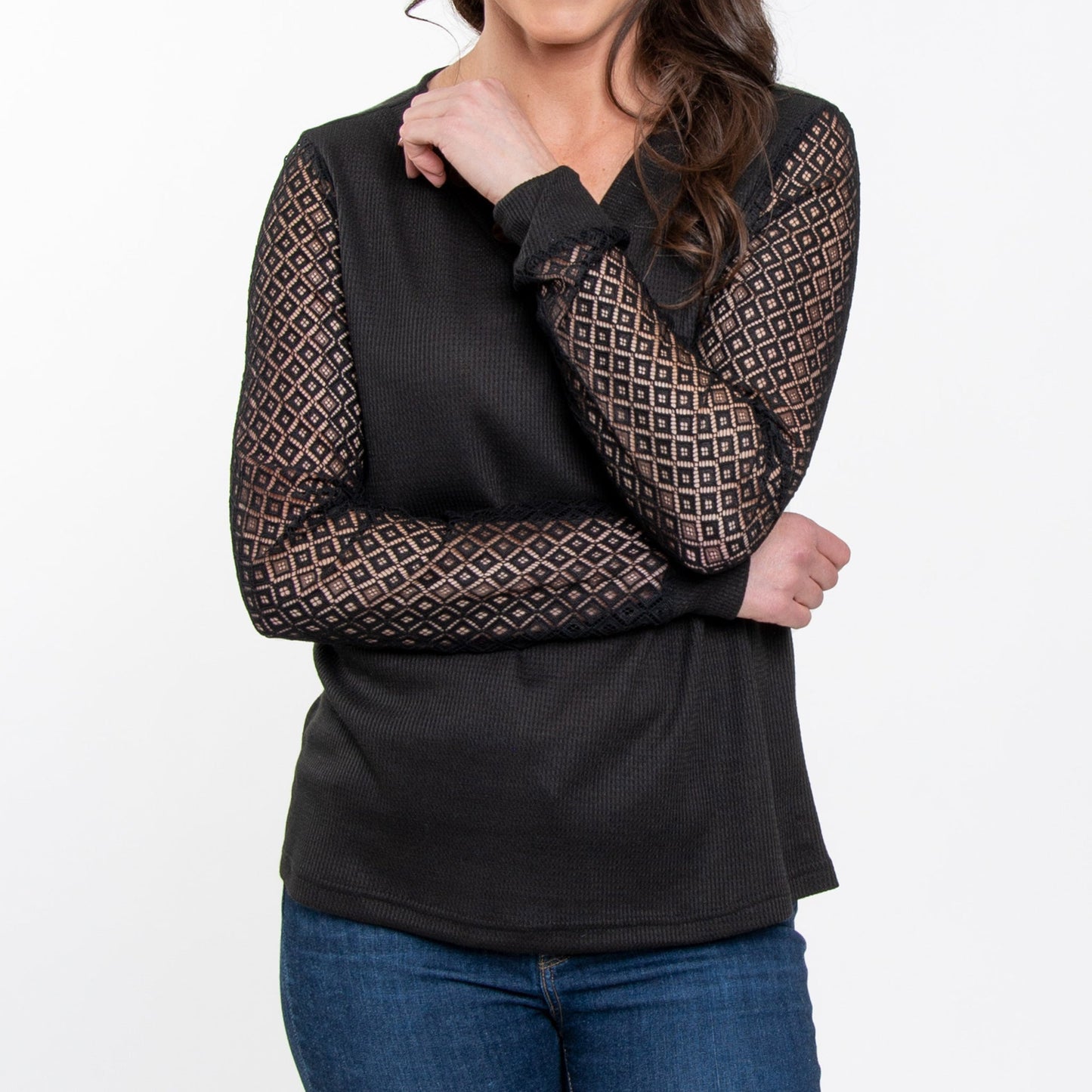 Dru Lace Long Sleeve Thermal V-Neck Sweater