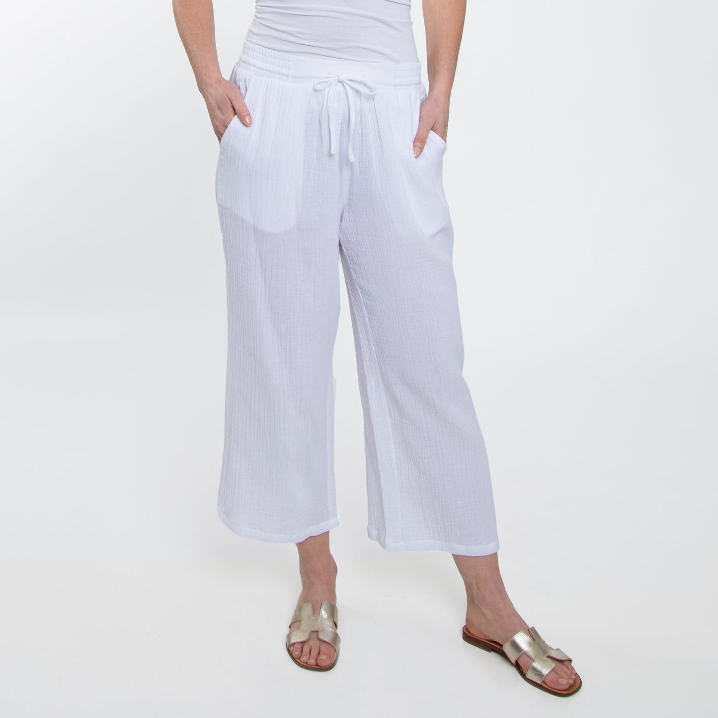 Monroe Cotton Gauze Wide Leg Cropped Drawstring Pant