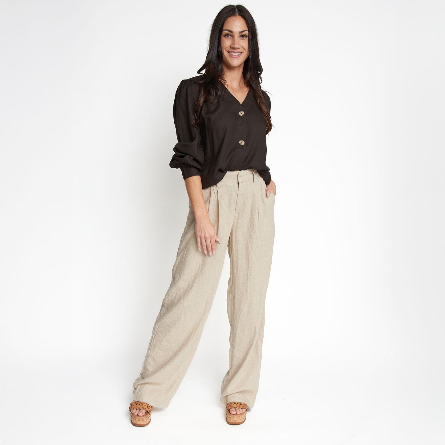 Izara Front Button Down Long Sleeve V-Neck Blouse