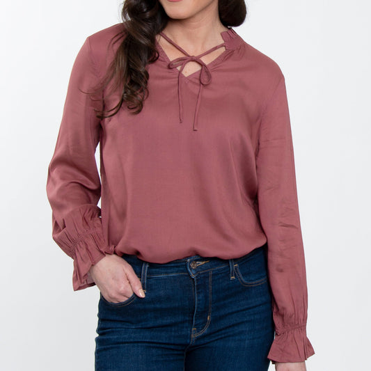 Merrick Ruffle Tie Keyhole Neck Long Sleeve Blouse