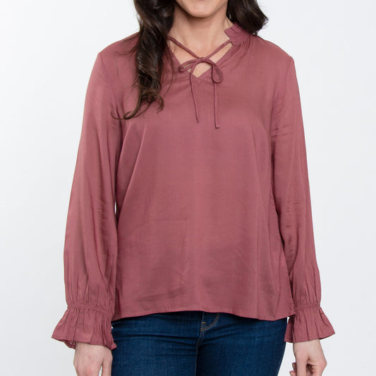 Merrick Ruffle Tie Keyhole Neck Long Sleeve Blouse