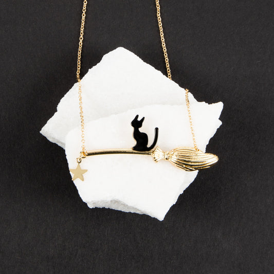 Halloween Black Binx Cat and Broom Pendant Necklace
