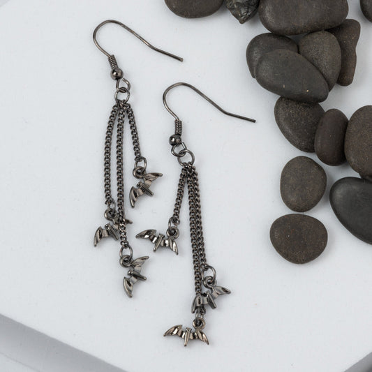 Halloween Hematite Bat Charm Chandelier Earrings