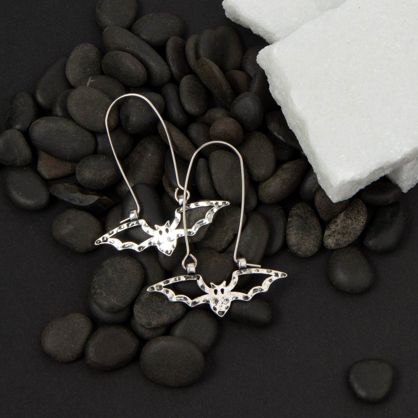Halloween Silver Hammered Bat Dangle Earrings