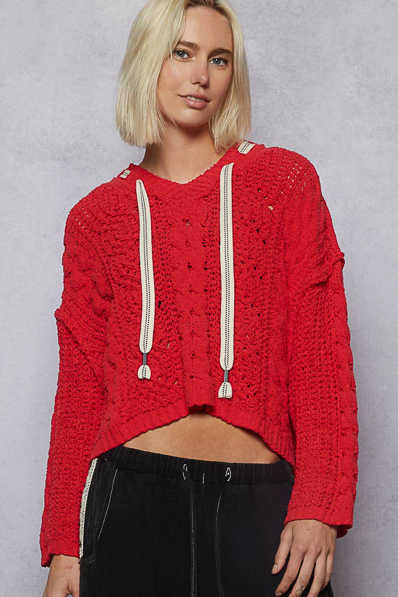 Oversize fit v-neck hooded cable knit chenille sweater by Pol Clothing