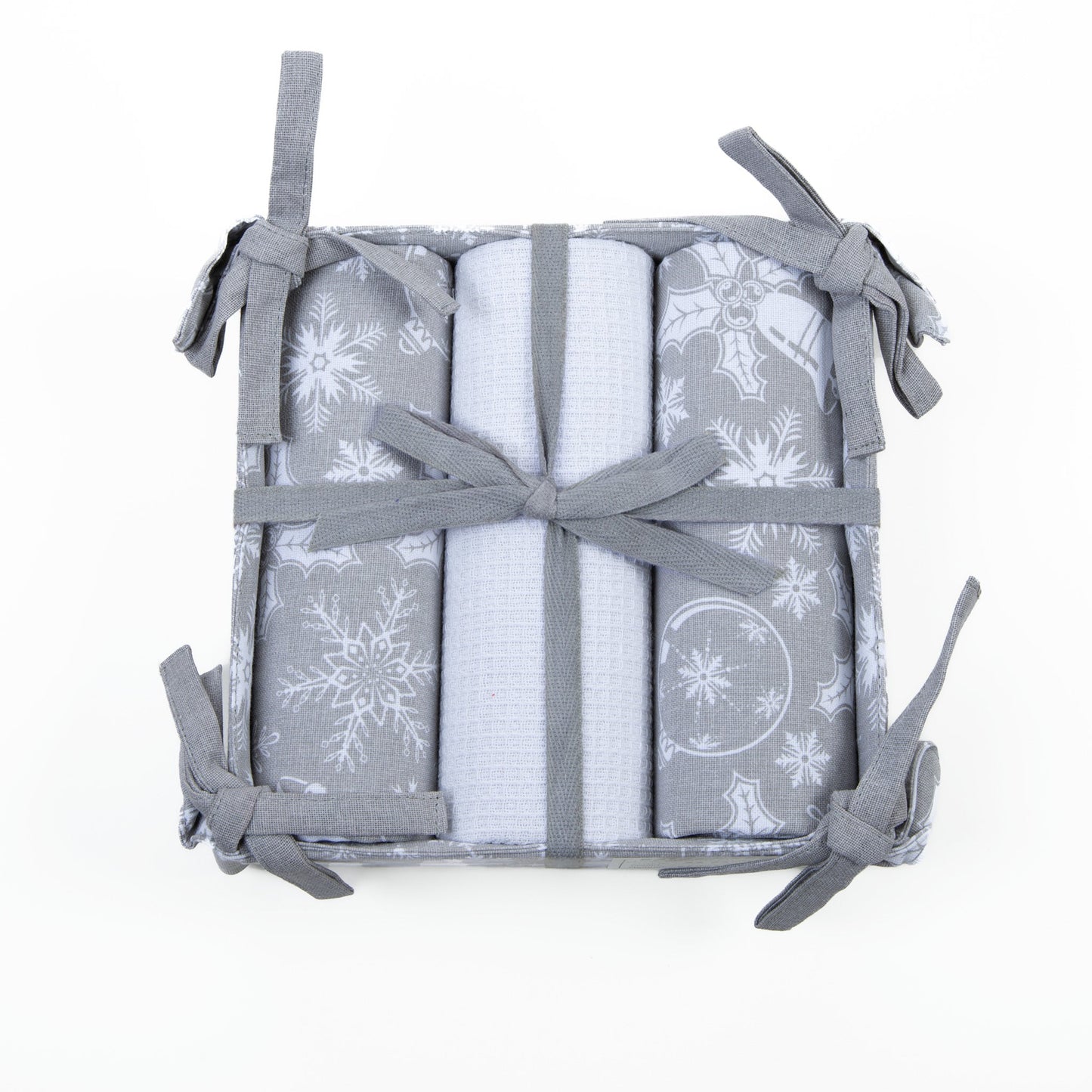 4 Piece Holiday Silver Bells Tea Towel & Bread Basket Set