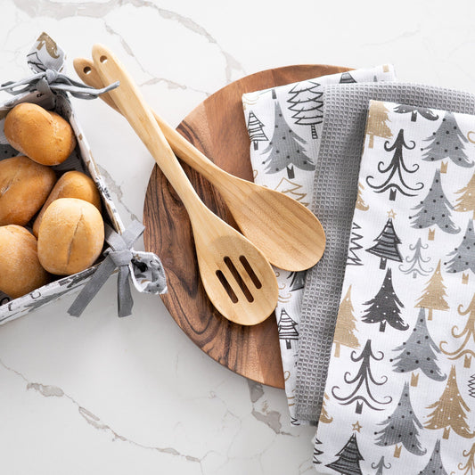 4 Piece Holiday Trees Tea Towel & Bread Basket Set