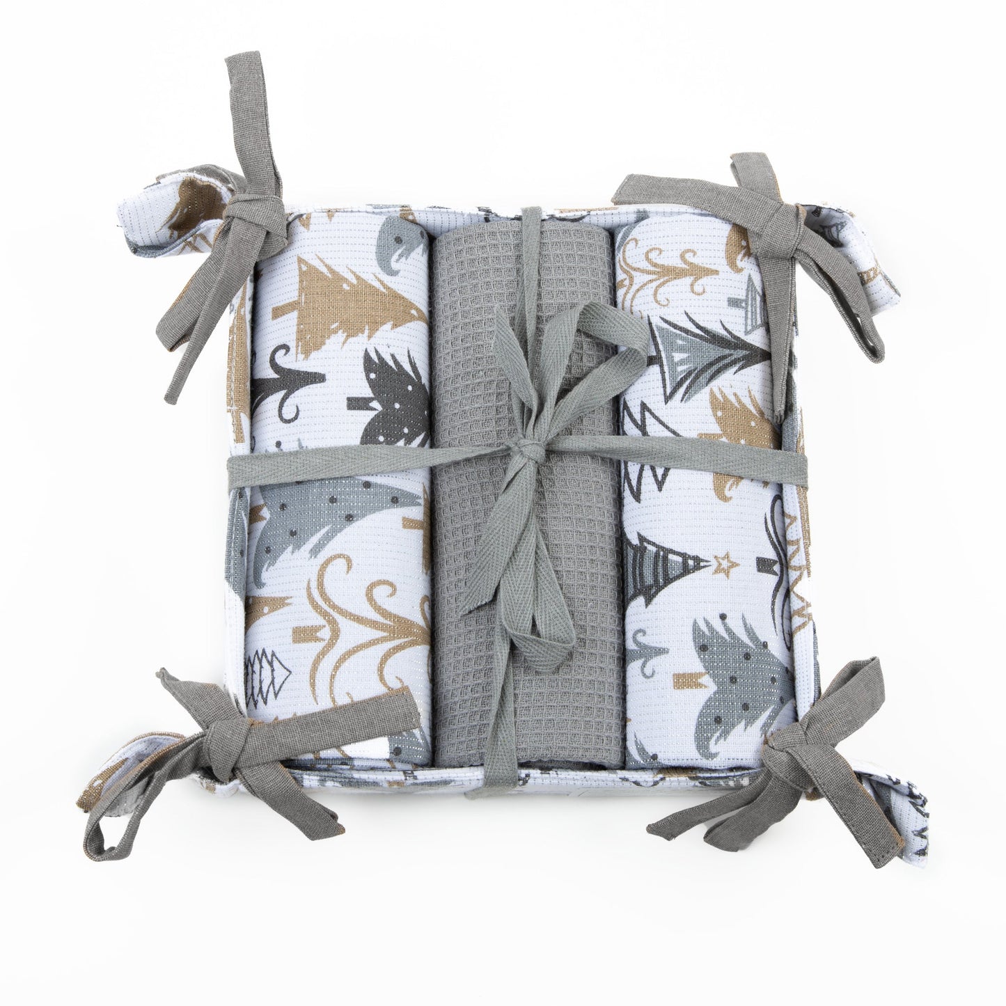 4 Piece Holiday Trees Tea Towel & Bread Basket Set