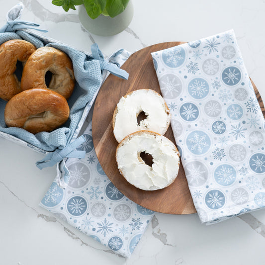 4 Piece Holiday Winter Snowflake Tea Towel & Bread Basket Set