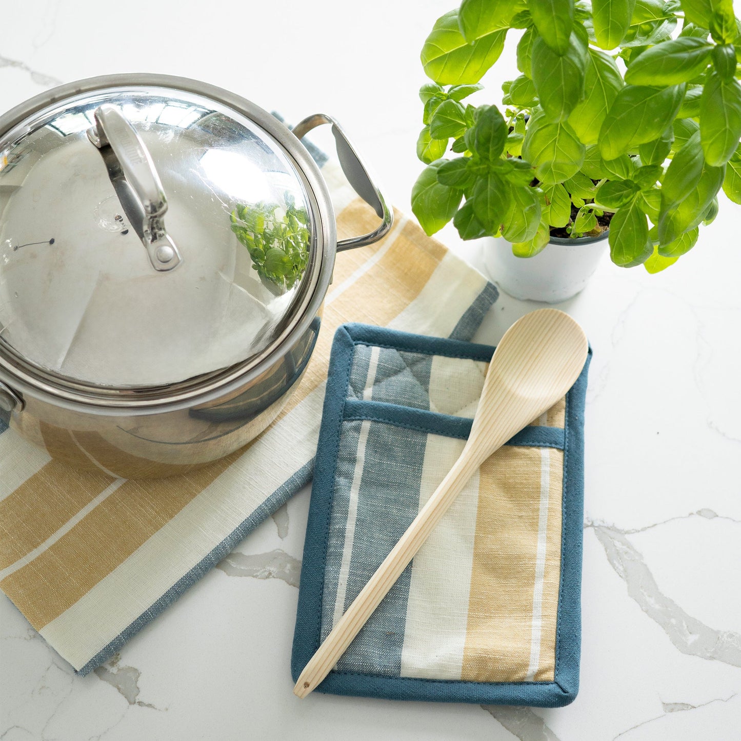 3 Piece Blue & Tan Stripe Kitchen Tea Towel & Pot Holder Set