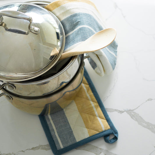 3 Piece Blue & Tan Stripe Kitchen Tea Towel & Pot Holder Set