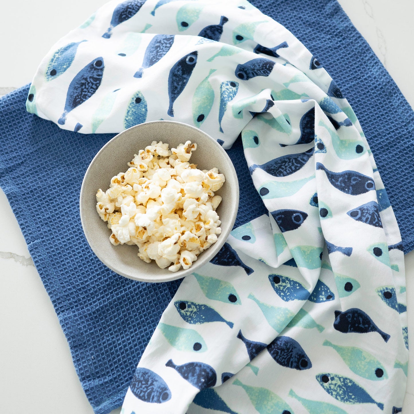 3 Piece Blue Fish Woven Kitchen Tea Towel Set