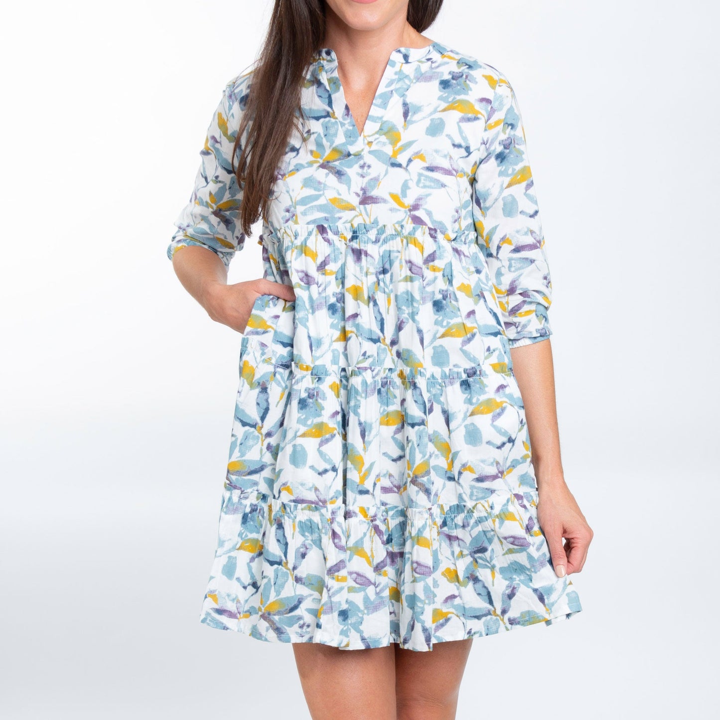 Allegra V-Neck 3/4 Sleeve Tiered Baby Doll  Dress