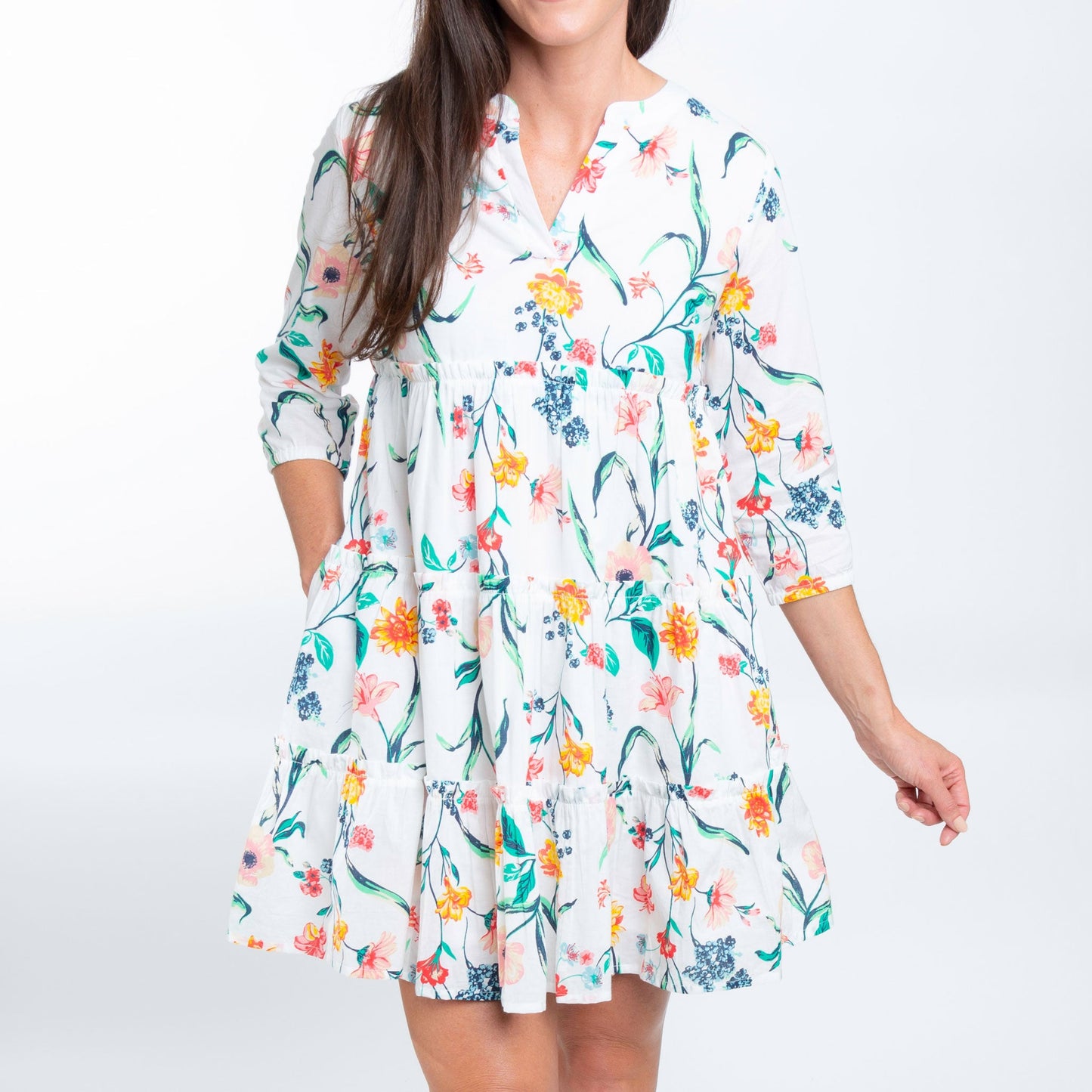 Allegra V-Neck 3/4 Sleeve Tiered Baby Doll  Dress