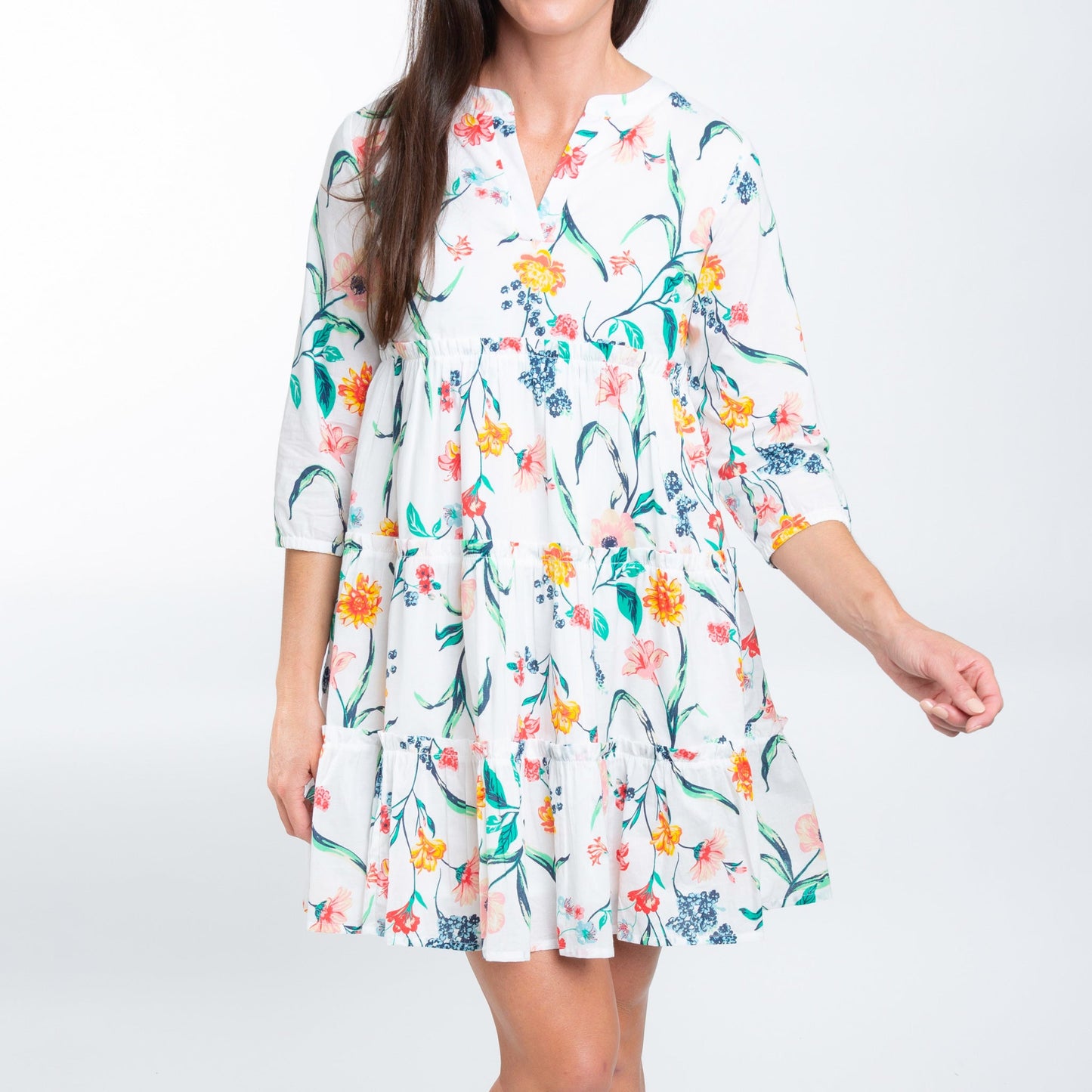 Allegra V-Neck 3/4 Sleeve Tiered Baby Doll  Dress