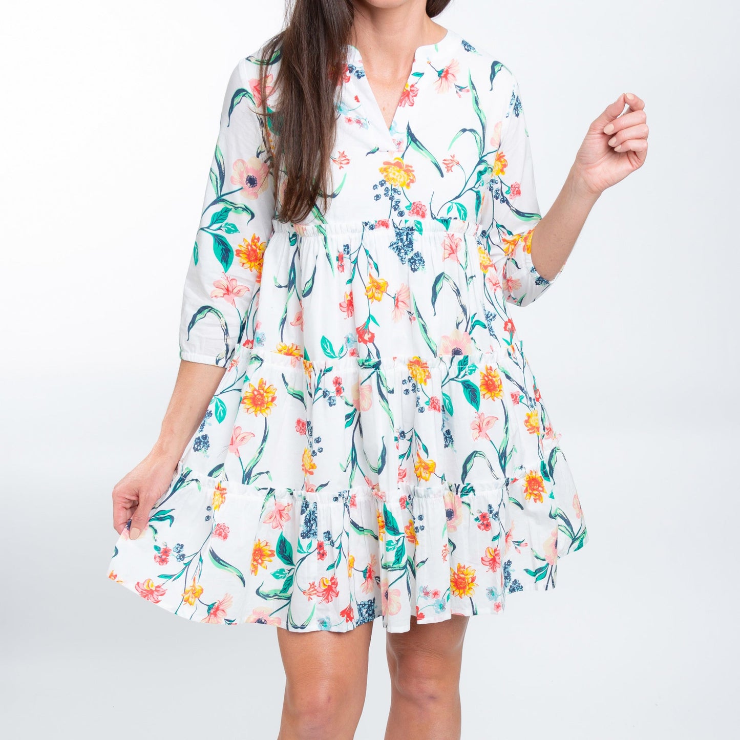 Allegra V-Neck 3/4 Sleeve Tiered Baby Doll  Dress