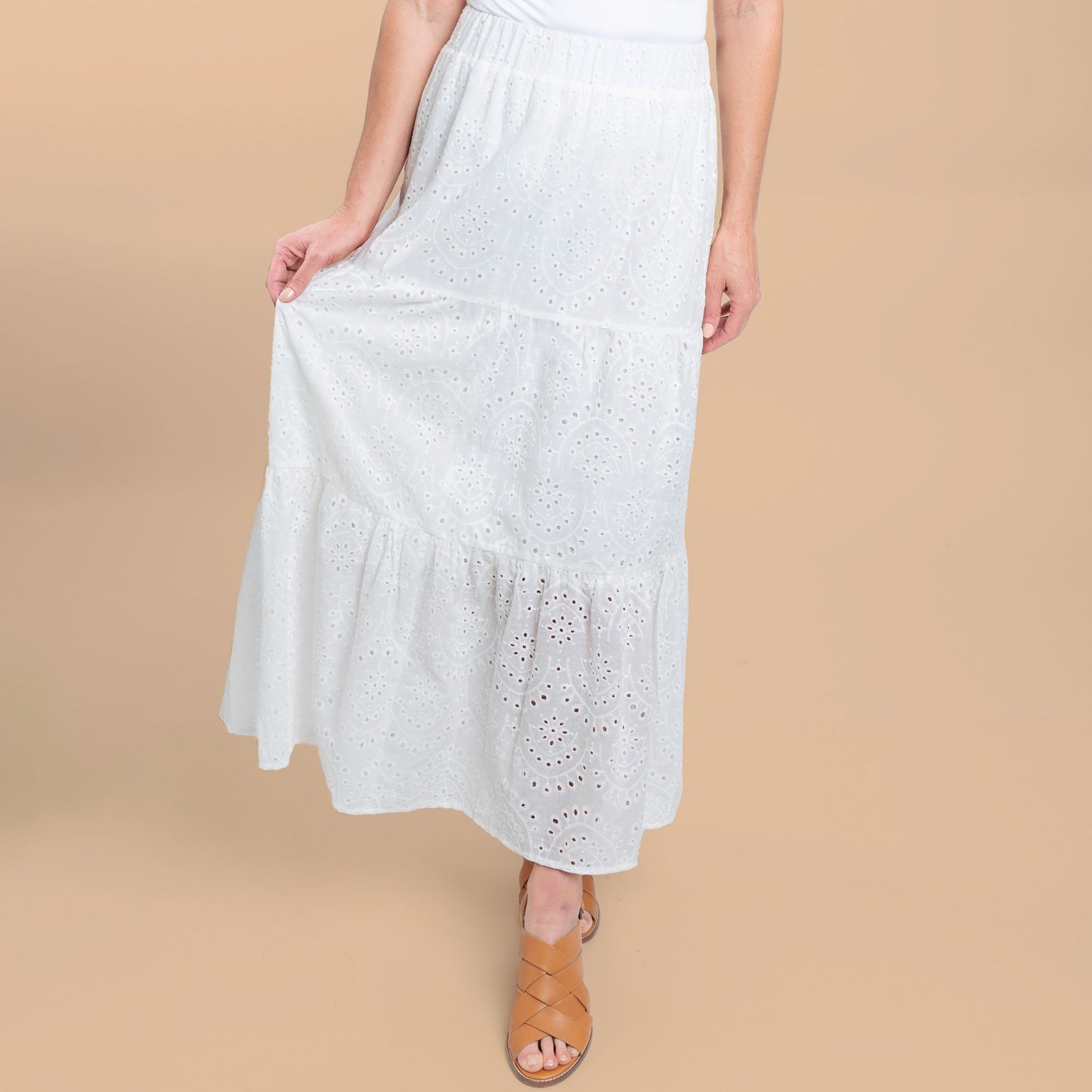 Solange Embroidered Eyelet Paneled Maxi Skirt