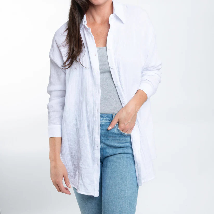 Aaliyah Gauze Long Sleeve White Button Up Top by Elsie & Zoey