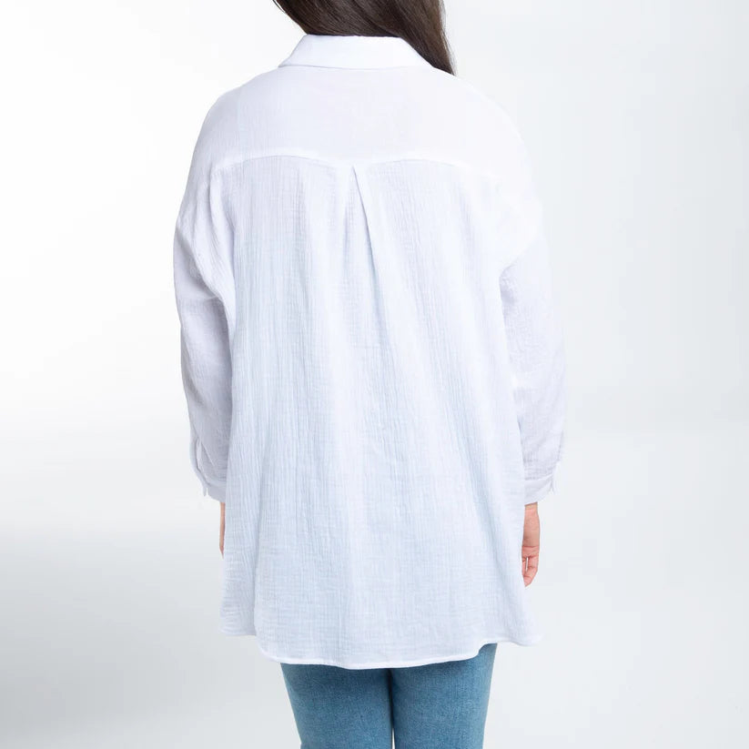 Aaliyah Gauze Long Sleeve White Button Up Top by Elsie & Zoey