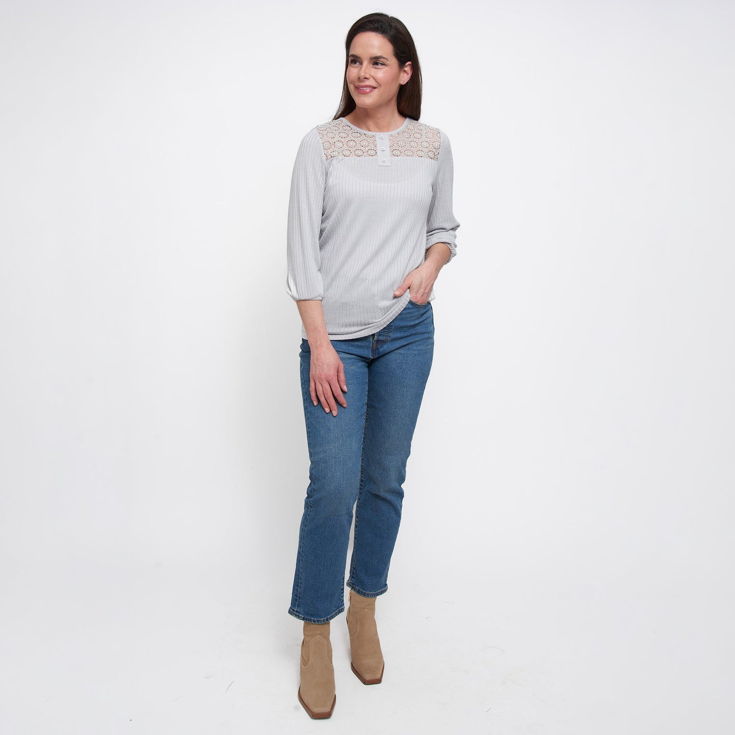 Selena 3/4 Sleeve Ribbed Jersey Henley Blouse