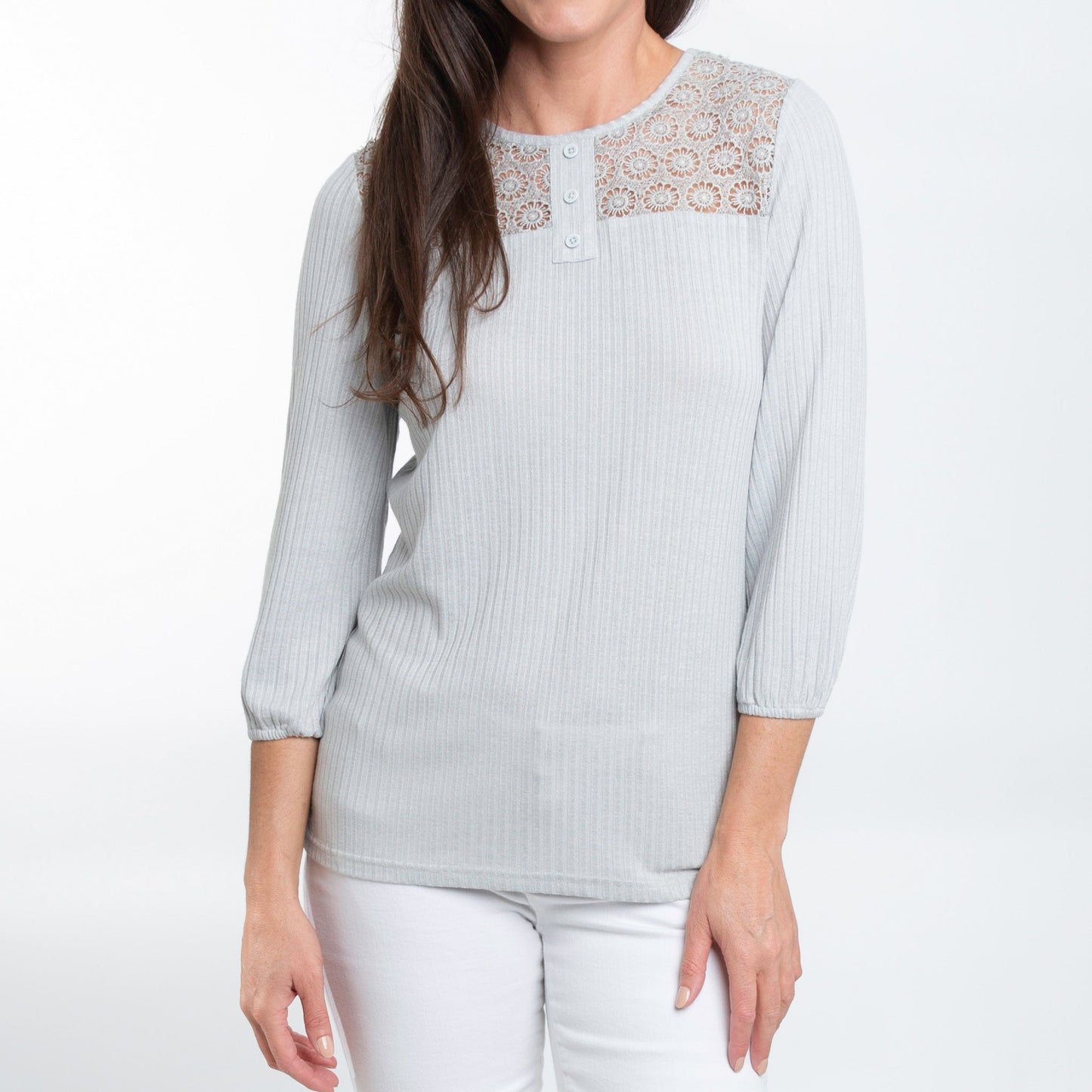 Selena 3/4 Sleeve Ribbed Jersey Henley Blouse