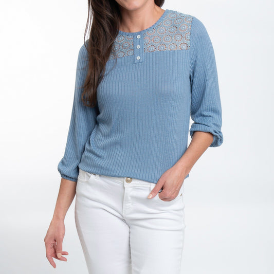 Selena 3/4 Sleeve Ribbed Jersey Henley Blouse