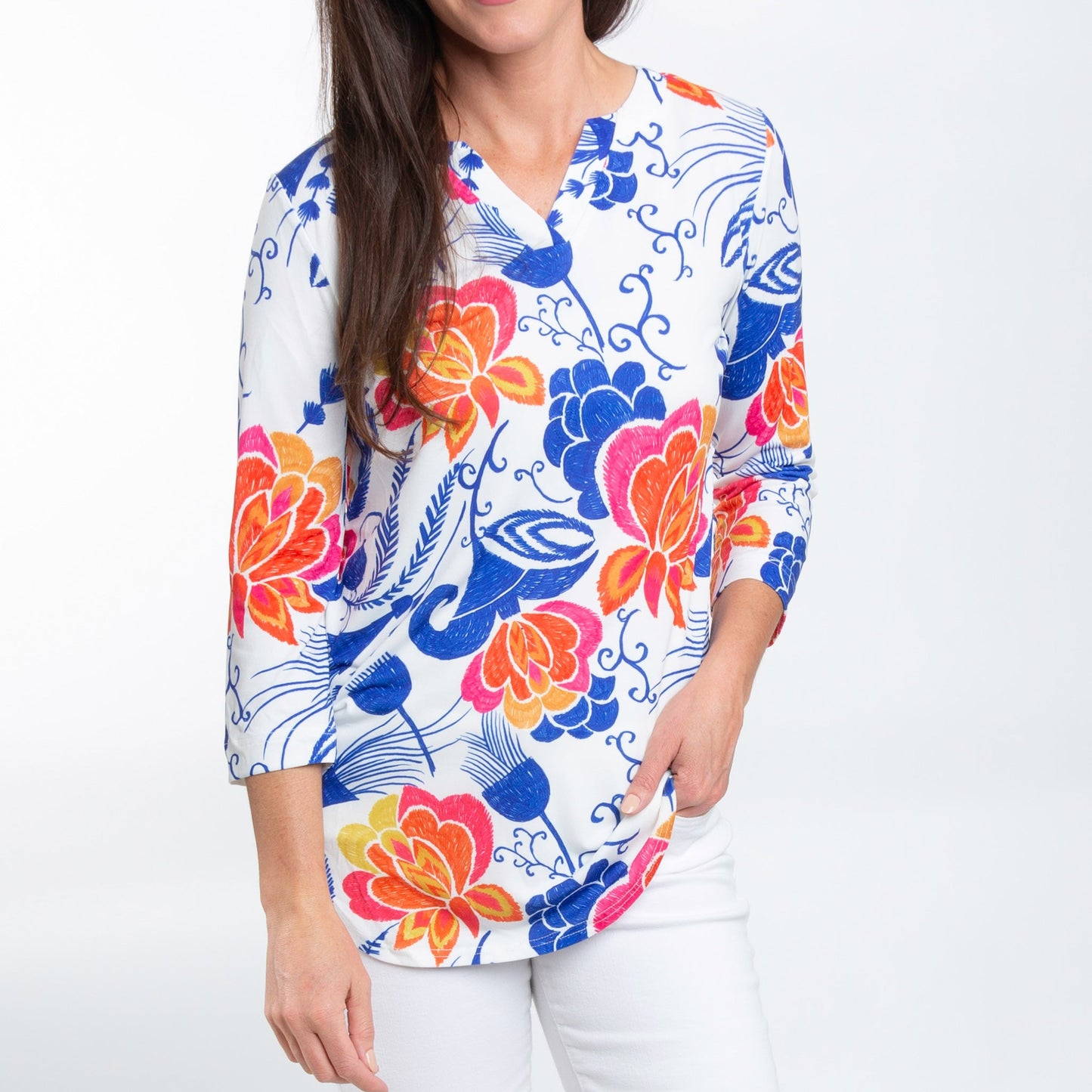 Daisy 3/4 Sleeve V-Neck Jersey Floral Tunic Blouse