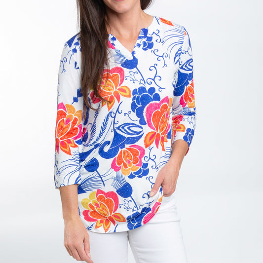 Daisy 3/4 Sleeve V-Neck Jersey Floral Tunic Blouse