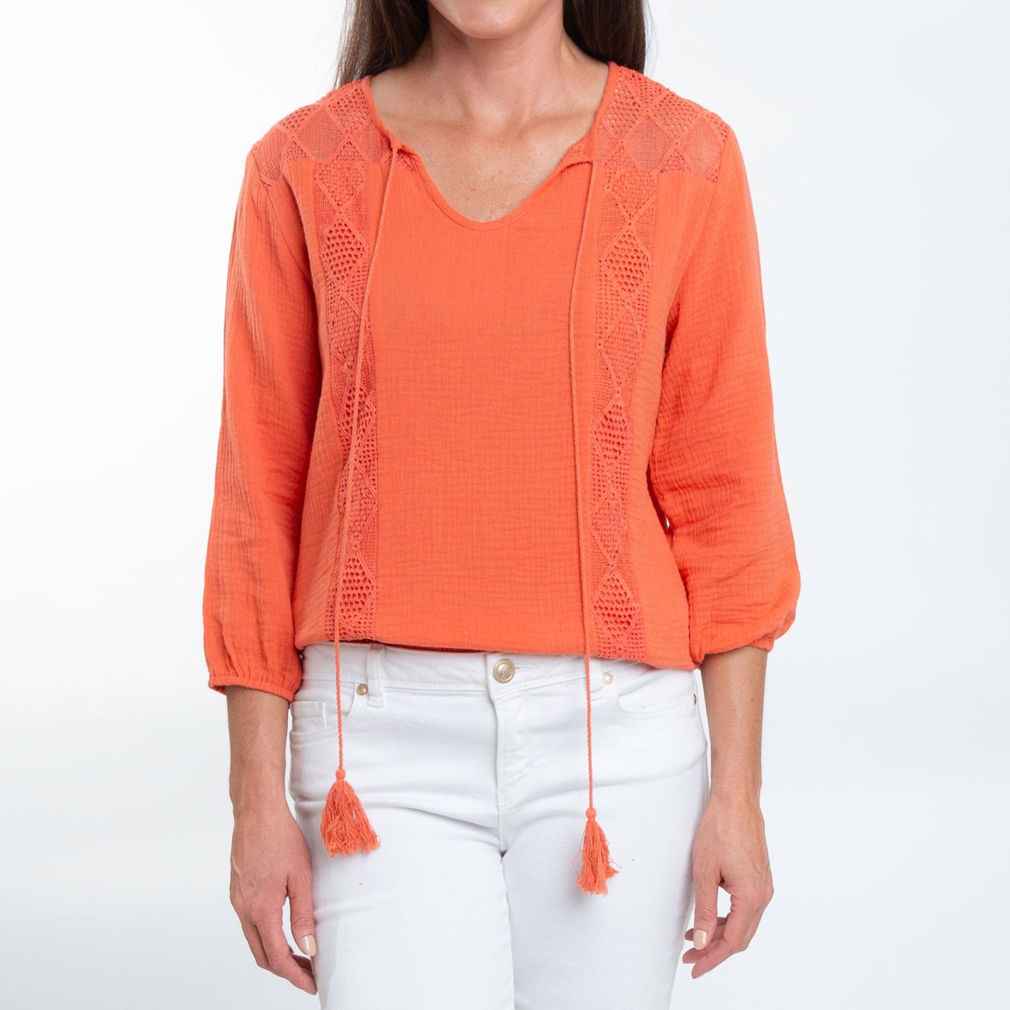 Larisa Cotton Gauze 3/4 Bishop Sleeve Tie Blouse