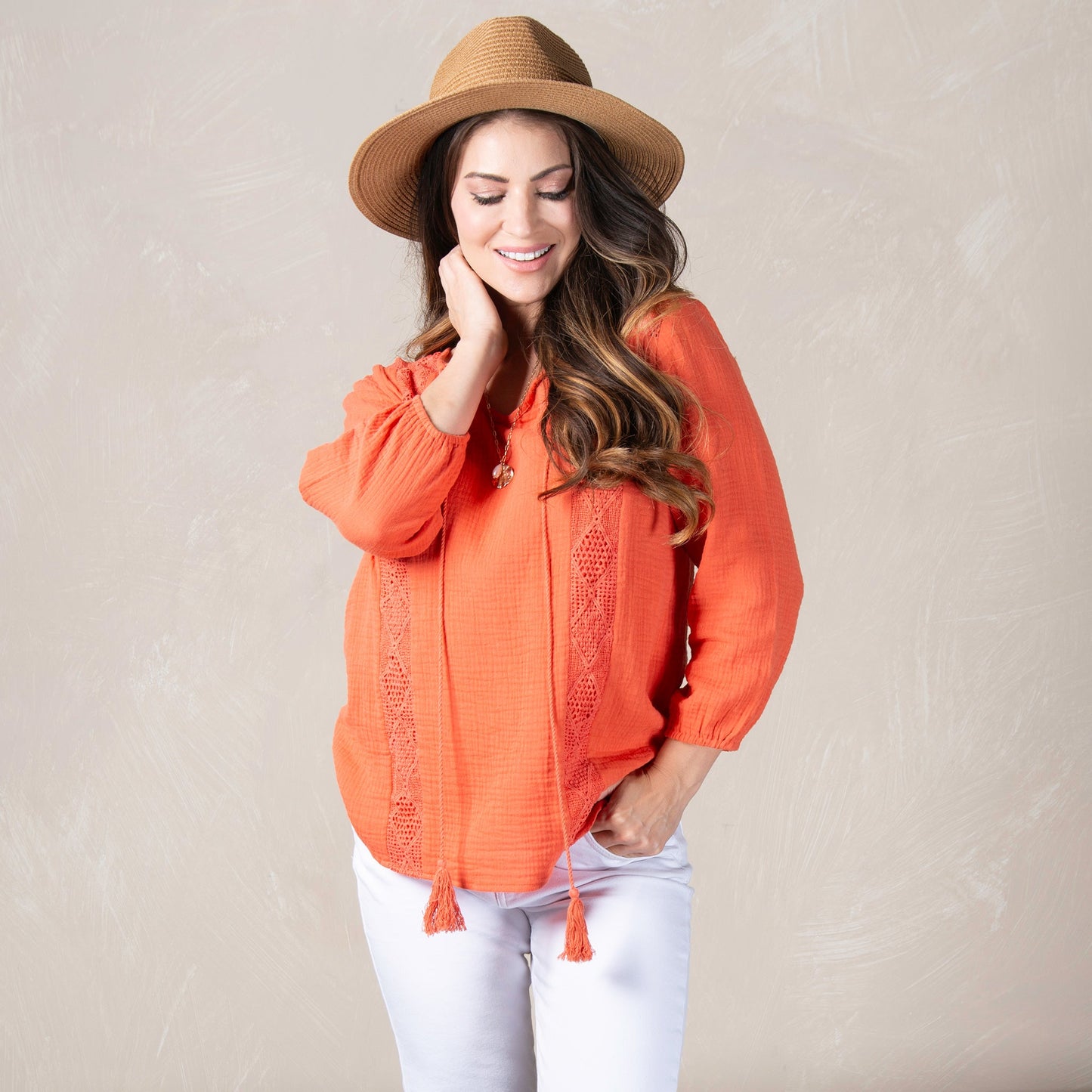 Larisa Cotton Gauze 3/4 Bishop Sleeve Tie Blouse