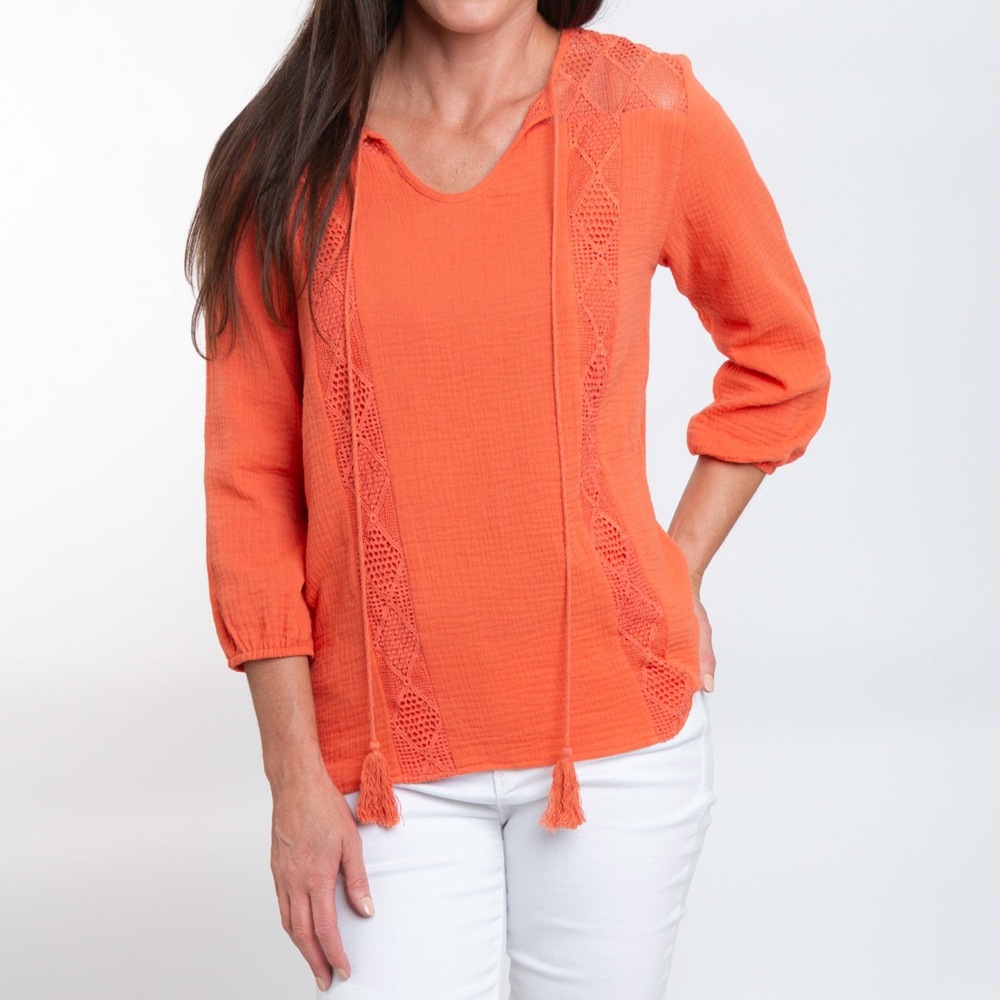 Larisa Cotton Gauze 3/4 Bishop Sleeve Tie Blouse