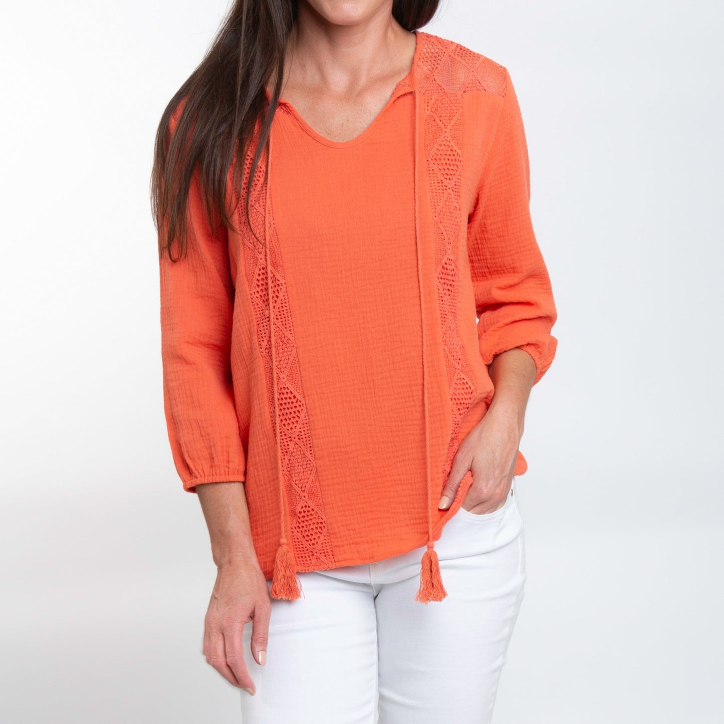 Larisa Cotton Gauze 3/4 Bishop Sleeve Tie Blouse