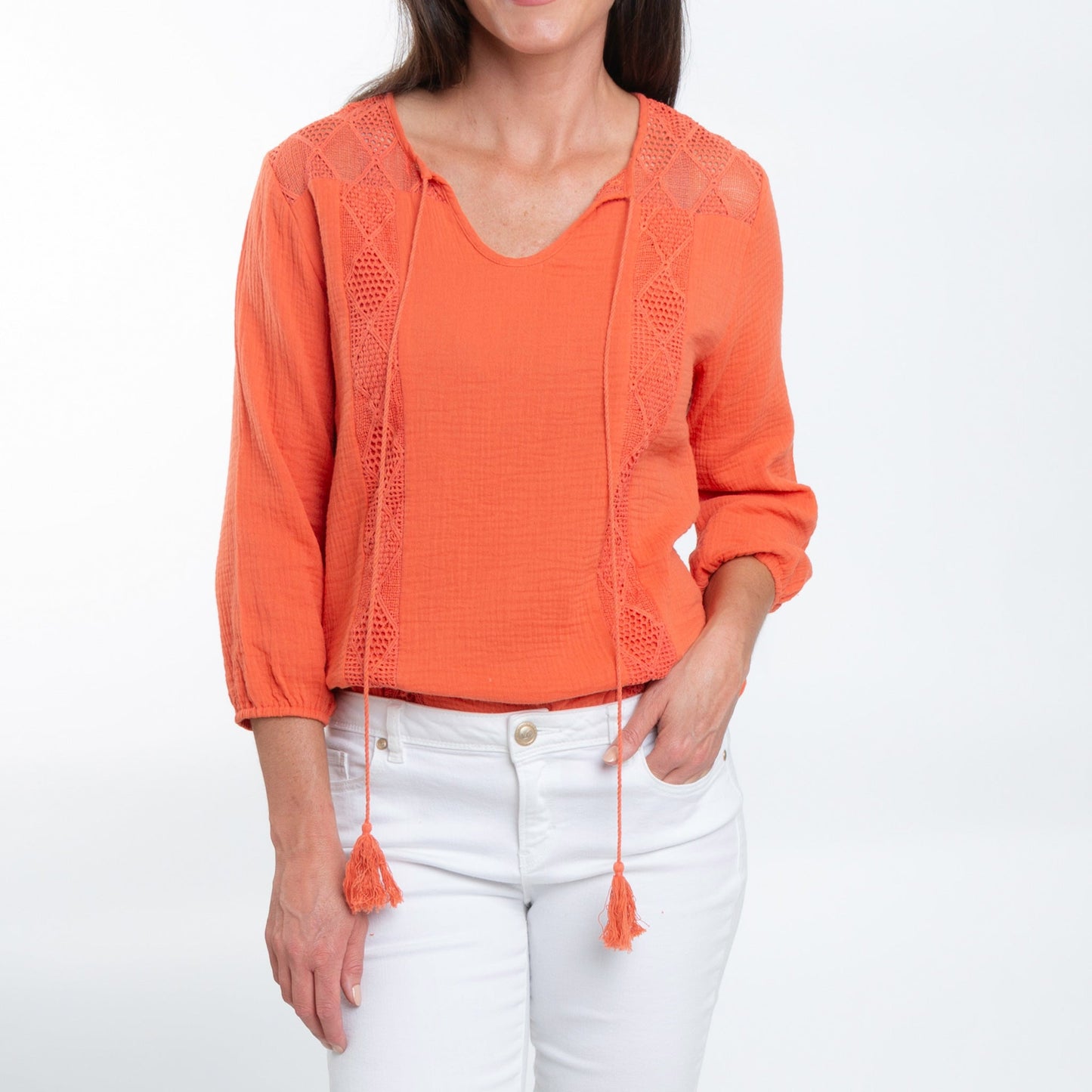 Larisa Cotton Gauze 3/4 Bishop Sleeve Tie Blouse