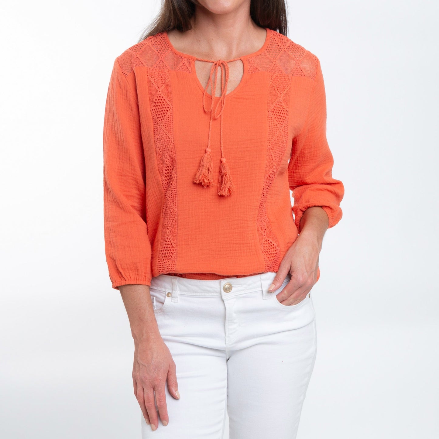 Larisa Cotton Gauze 3/4 Bishop Sleeve Tie Blouse