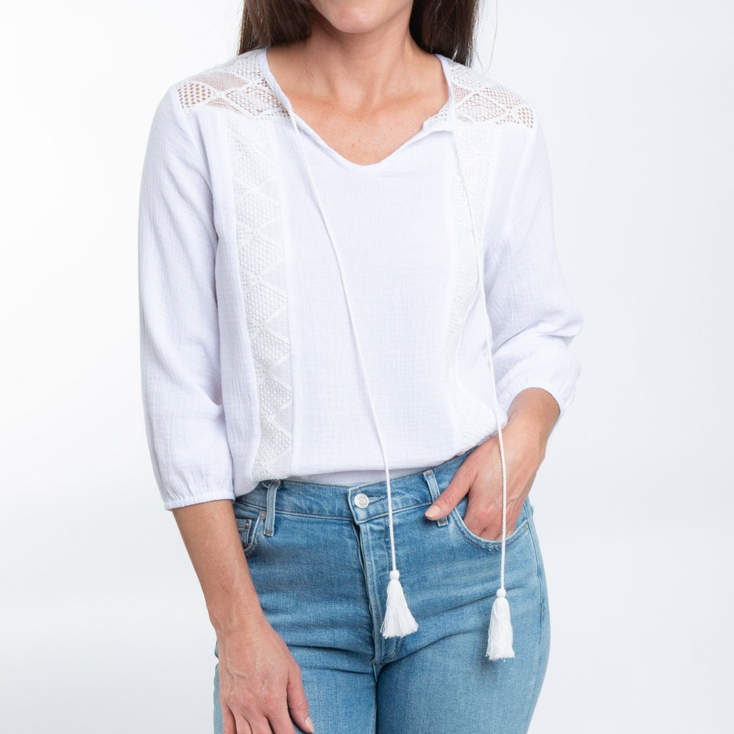 Larisa Cotton Gauze 3/4 Bishop Sleeve Tie Blouse