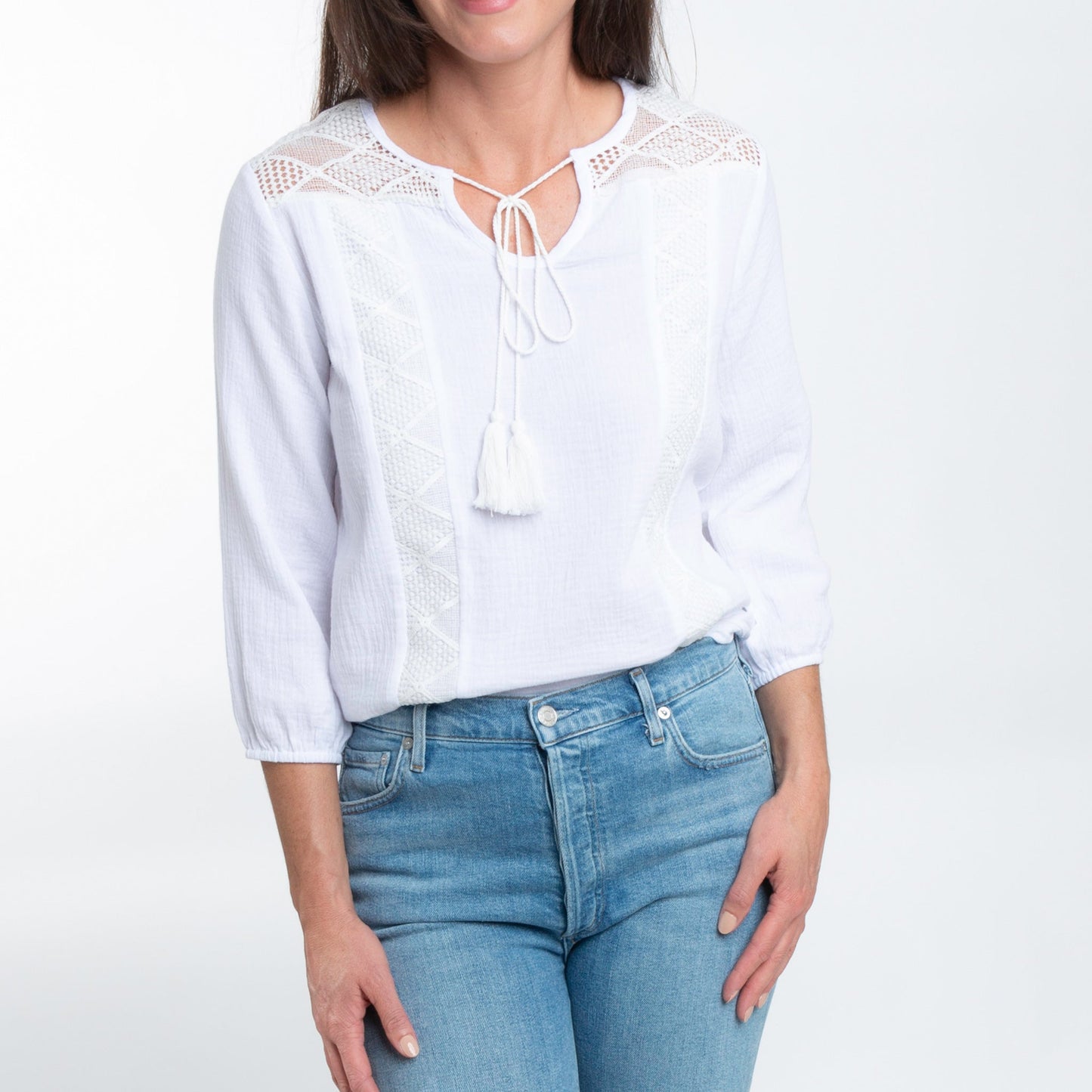 Larisa Cotton Gauze 3/4 Bishop Sleeve Tie Blouse