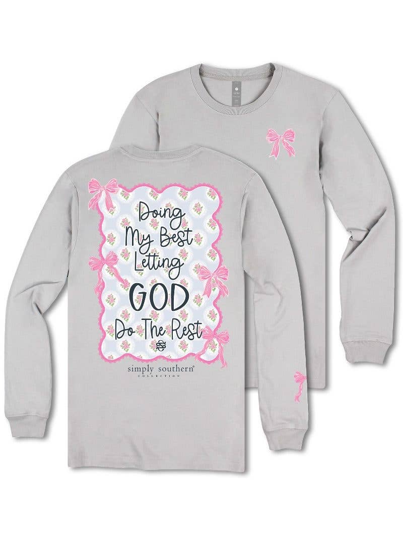 Doing my best, Letting God do the rest Pink Floral Bows Sport Grey Long Sleeve Tee by Simply Southern