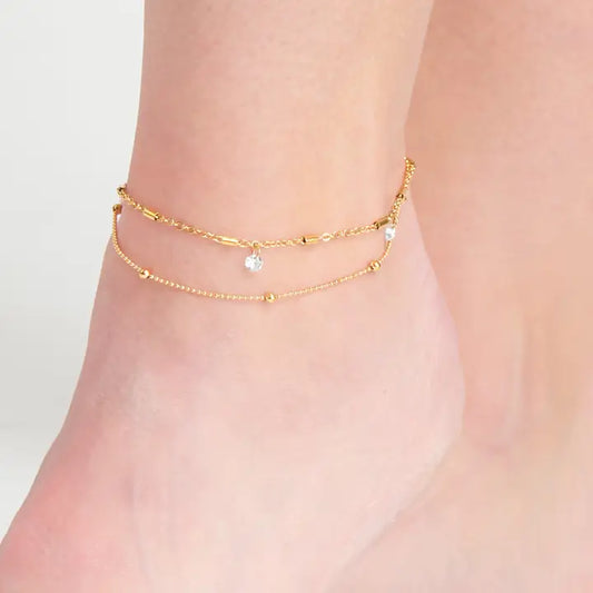 Dainty 2 Rows with CZ Anklet Gold L" 8 1/2 Narelle Waterproof Jewelry