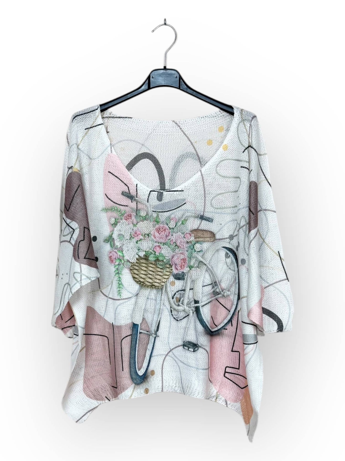 Floral Bicycle Knit V-neck T-shirt, patterned, 3/4 sleeve Made in Italy