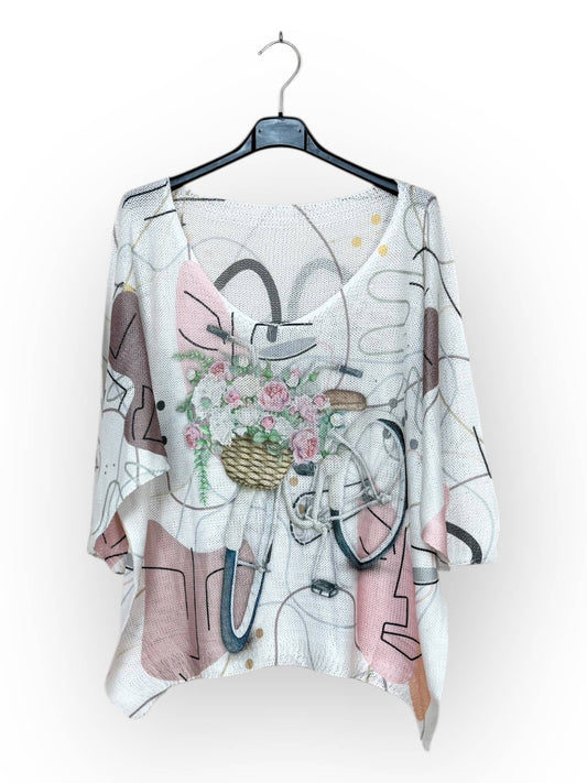 Floral Bicycle Knit V-neck T-shirt, patterned, 3/4 sleeve Made in Italy