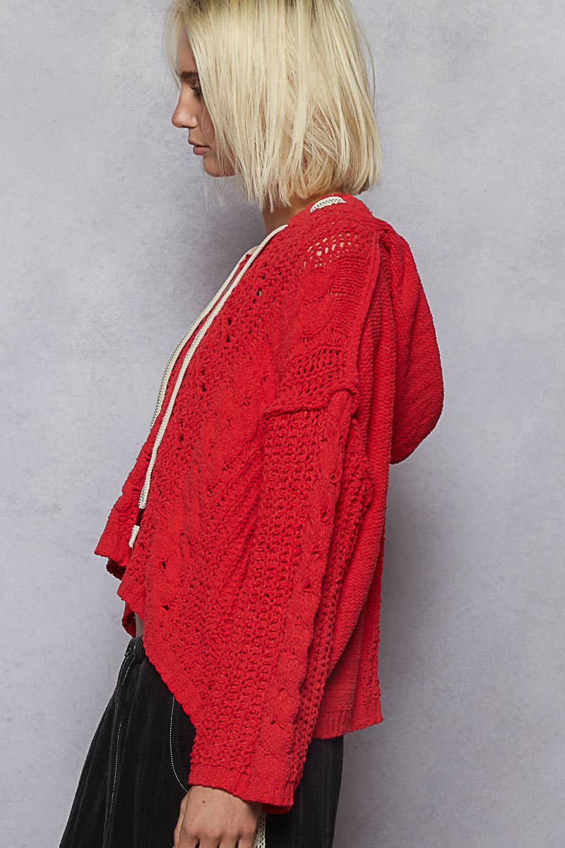 Oversize fit v-neck hooded cable knit chenille sweater by Pol Clothing